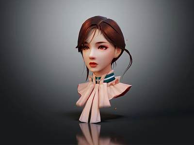 3D Female Character Portrait With Brown Braided Hair Pink Bow Collar And Green Stripes 3d model