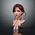 3D Female Character Portrait With Brown Braided Hair Pink Bow Collar And Green Stripes