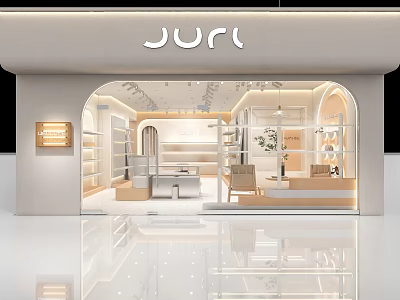 JURI Modern Retail Store Interior With Display Shelves Seating And Glass Front 3d model