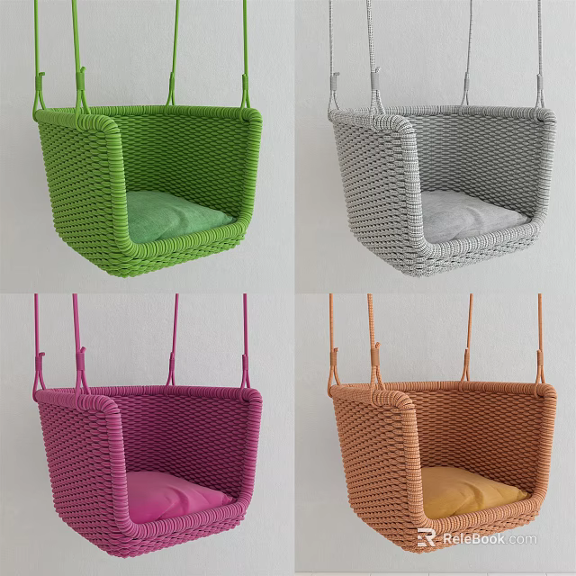 Colorful Woven Hanging Chairs with Soft Cushions in Green Grey Purple Orange Tones 3d model 