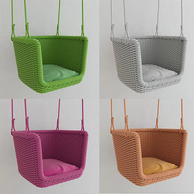 Colorful Woven Hanging Chairs with Soft Cushions in Green Grey Purple Orange Tones 3d model