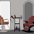 Modern Barber Shop Interior With Brown Red Chairs Illuminated Mirrors And Tool Trolley