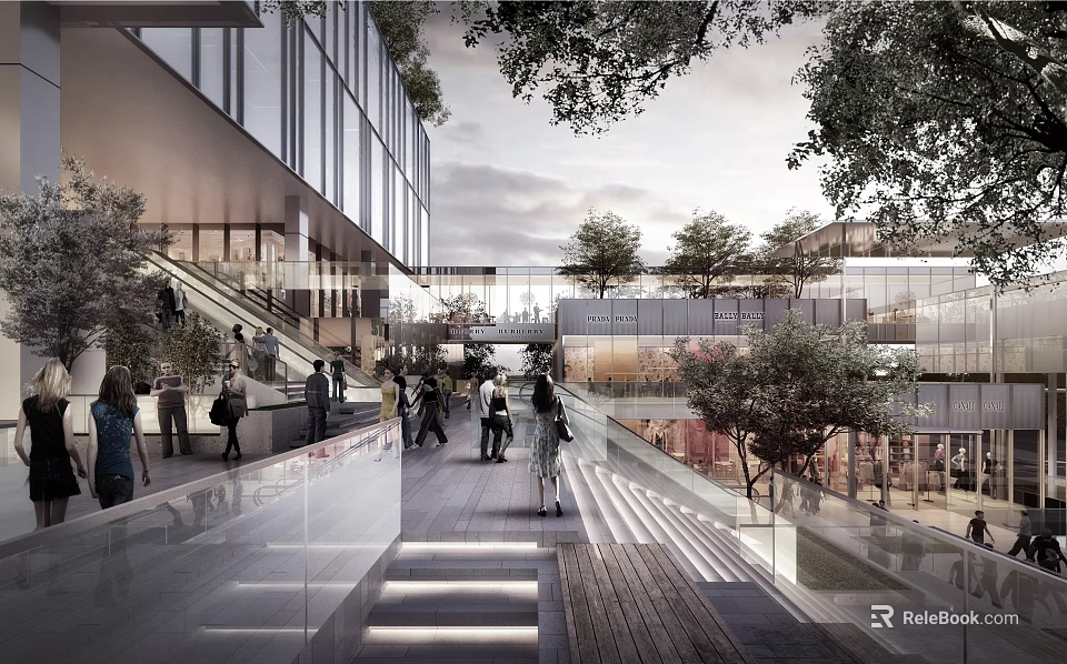 Modern Commercial Street Featuring Glass Facades Pedestrians Greenery And Open Walkways 3d model 