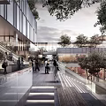 Modern Commercial Street Featuring Glass Facades Pedestrians Greenery And Open Walkways