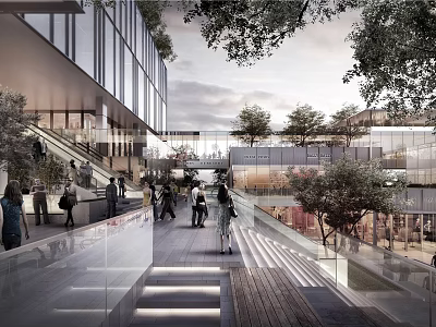 Modern Commercial Street Featuring Glass Facades Pedestrians Greenery And Open Walkways 3d model