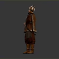 Man In Traditional Brown Armor With Decorative Patterns Holding A Sword