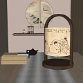Chinese Traditional Wooden Desk Lamp With Figure Painting And Tea Set On Study Table