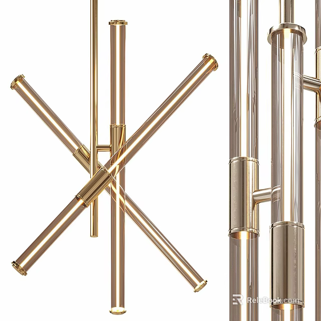 Elegant Modern Golden Transparent Crossed Metal Tubes Chandelier Interior Lighting 3d model 