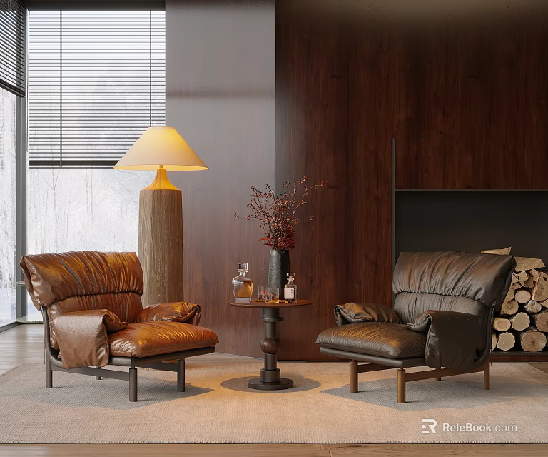 Leisure Sofa Set Brown Leather with Wooden Wall Floor Lamp Round Table Branches Wood Logs 3d model 
