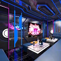 Modern KTV Interior Design With Neon Lights Large Screen Sofas And Wine Bottles 3d model