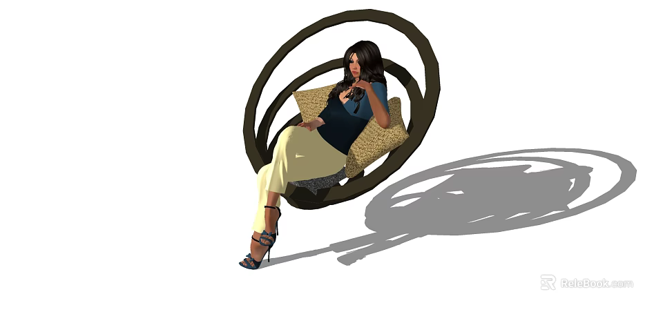 Woman Sitting On Black Circular Hanging Chair With Beige Cushions And High Heels 3d model 