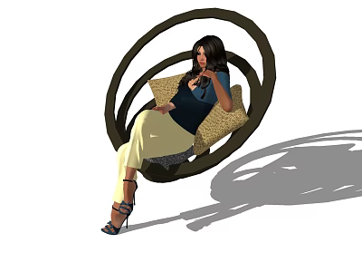 Woman Sitting On Black Circular Hanging Chair With Beige Cushions And High Heels 3d model