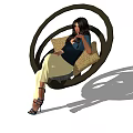 Woman Sitting On Black Circular Hanging Chair With Beige Cushions And High Heels