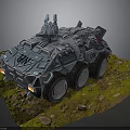 Armored Military Vehicle With Six Wheeled Design And Turret On Grassland Terrain