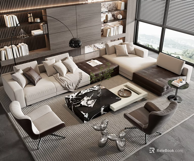 Modern Living Room L shaped Sofa And Coffee Table Set With Marble Top And Pillows 3d model 