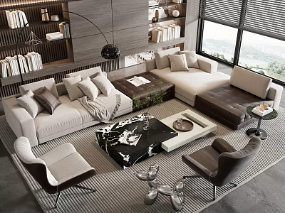 Modern Living Room L shaped Sofa And Coffee Table Set With Marble Top And Pillows 3d model