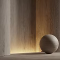 Minimalist Reception Background Wall With Wooden Texture Warm Lighting And Decorative Sphere