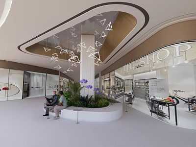 Modern Shop Interior With Geometric Pendant Lights Green Plant Display And Seating Area 3d model