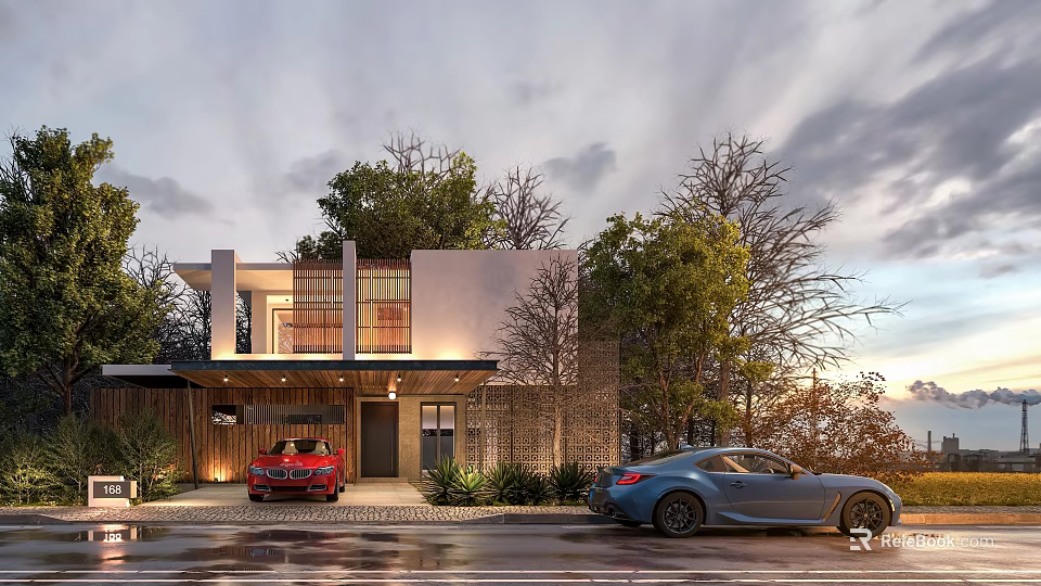 Modern Detached Villa Exterior With Trees Parked Cars And Sunset Sky Design 3d model 