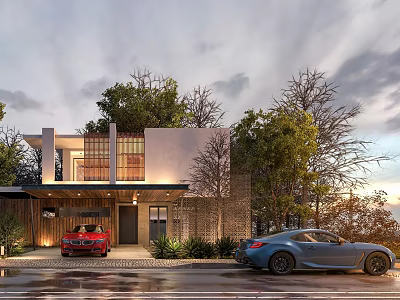 Modern Detached Villa Exterior With Trees Parked Cars And Sunset Sky Design 3d model