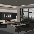 Modern Living Room Interior With Dark Sectional Sofa TV Console Coffee Table And Potted Plant