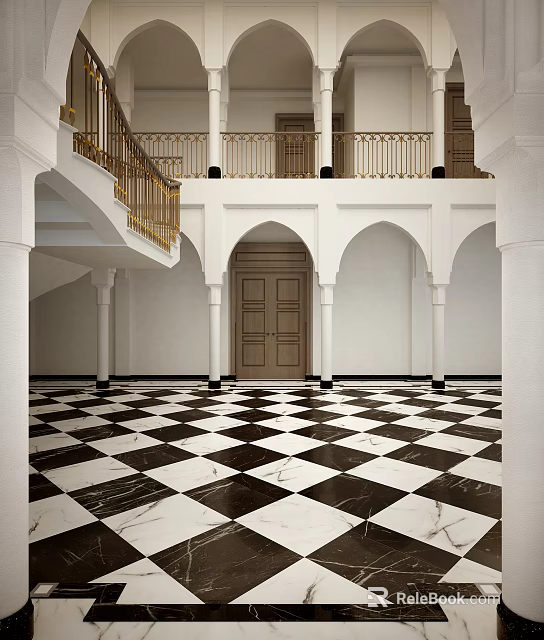 Hotel Lobby With Black White Checkered Marble Floor Arched Doorways And Gold Railings 3d model 