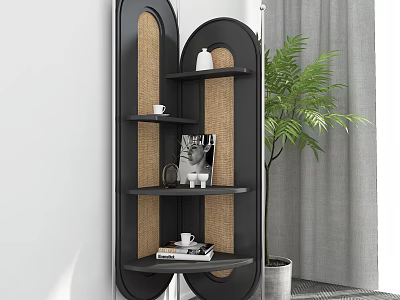 Modern Black Shelf Unit With Woven Backpanel And Decorative Items Near Green Plant 3d model