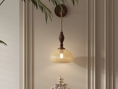 Classic Wooden Wall Lamp With Ribbed Glass Shade On Neutral Wall And Palm Leaves 3d model