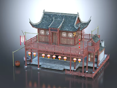 Traditional Chinese Ancient Architecture With Curved Eaves Black Tile Roof Wooden Balcony And Red Lanterns 3d model