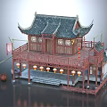 Traditional Chinese Ancient Architecture With Curved Eaves Black Tile Roof Wooden Balcony And Red Lanterns