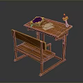 Wooden Study Desk And Bench Furniture With Book Bread And Items