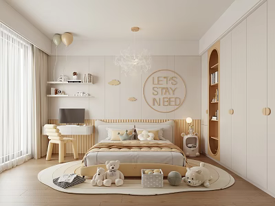 Cozy Kids Bedroom With Lets Stay In Bed Sign Plush Toys And Chandelier 3d model