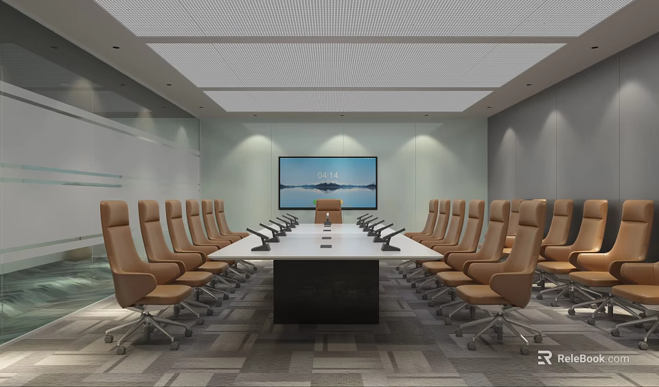 Modern Conference Room Interior With Long Table Brown Leather Chairs And Large Scenic Screen 3d model 