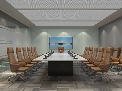 Modern Conference Room Interior With Long Table Brown Leather Chairs And Large Scenic Screen 3d model