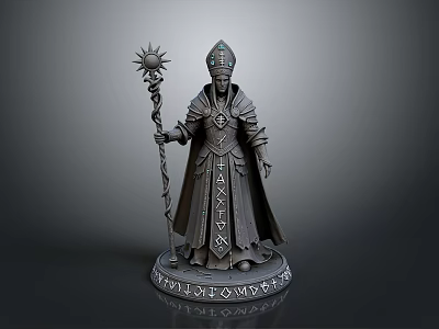 Mystical Robed Figure Statue With Sun Staff Hat And Inscribed Base 3d model