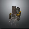 Vintage Rustic Forklift With Green Yellow Body Large Rusted Wheels And Metal Forks
