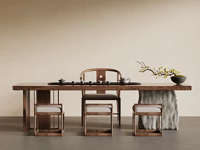 Minimalist Solid Wood Tea Table and Chairs with Tea Set Flower Vase and Twigs 3d model