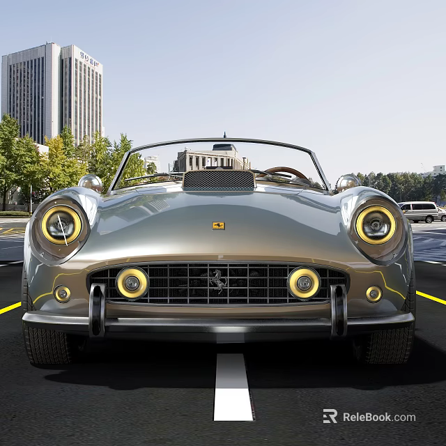 Silver Ferrari Convertible Front View With Round Headlights And Grille Logo On Urban Road 3d model 