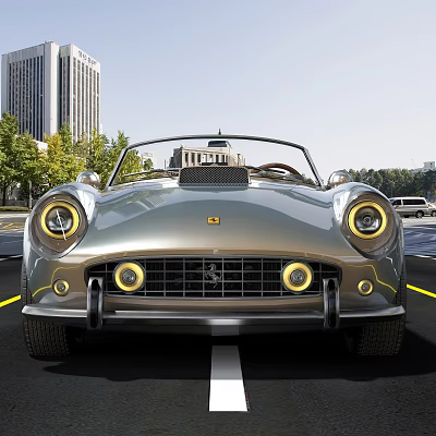 Silver Ferrari Convertible Front View With Round Headlights And Grille Logo On Urban Road 3d model
