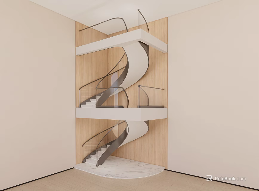 Modern Spiral Staircase Interior With Metal Handrail Marble Floor And Wooden Wall 3d model 