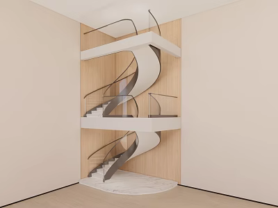 Modern Spiral Staircase Interior With Metal Handrail Marble Floor And Wooden Wall 3d model