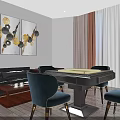 Modern Billiard Room Interior Design With Blue Patterned Carpet Pool Tables And Ceiling Lights 3d model