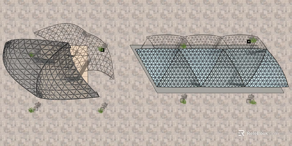 Modern Geometric Pergola Structure With Grid Design Glass Elements And Plants 3d model