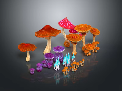 Colorful Mushroom Plants In Red Pink Orange Purple Blue Various Shapes Sizes On Dark Background 3d model