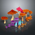 Colorful Mushroom Plants In Red Pink Orange Purple Blue Various Shapes Sizes On Dark Background