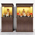 Dark Brown Wooden Buddhist Shrine Cabinet with Golden Decorations Carved Patterns Lighting and Buddha Statues