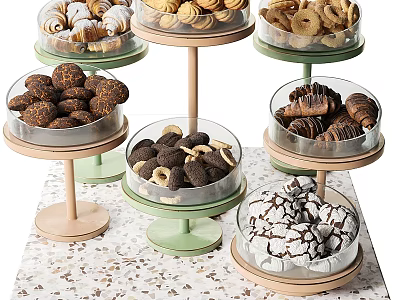 Assorted Desserts Display in Transparent Containers on Wooden Stands with Cookies Donuts and Chocolate 3d model