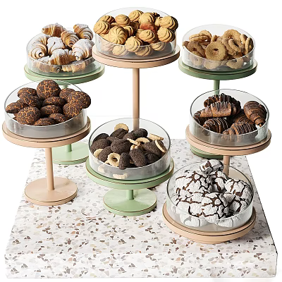 Assorted Desserts Display in Transparent Containers on Wooden Stands with Cookies Donuts and Chocolate 3d model