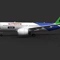 Modern Commercial Passenger Airplane With White Blue Green Fuselage And Tail Design