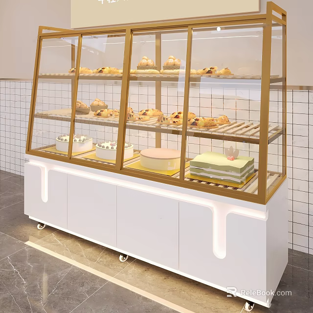 Modern Bakery With Glass Display Case Golden Frame White Cabinet And Assorted Desserts Bread Cakes 3d model 